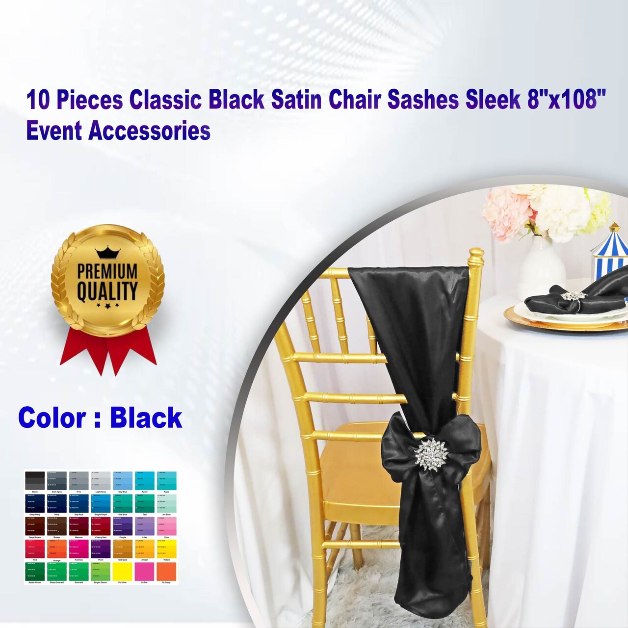 10 Pieces Classic Black Satin Chair Sashes Sleek 8"x108" Event Accessories